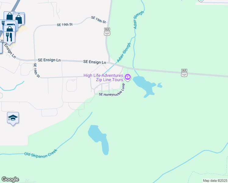 map of restaurants, bars, coffee shops, grocery stores, and more near 1493 Southeast Honeysuckle Loop in Warrenton