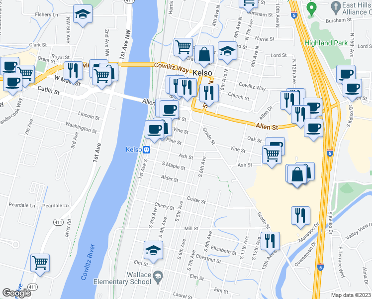 map of restaurants, bars, coffee shops, grocery stores, and more near 500 South 4th Avenue in Kelso