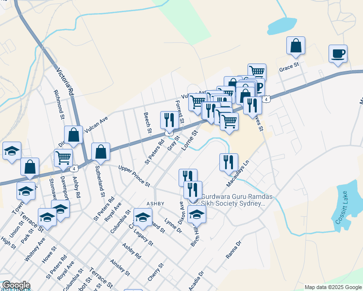 map of restaurants, bars, coffee shops, grocery stores, and more near 157 Lorne Street in Sydney