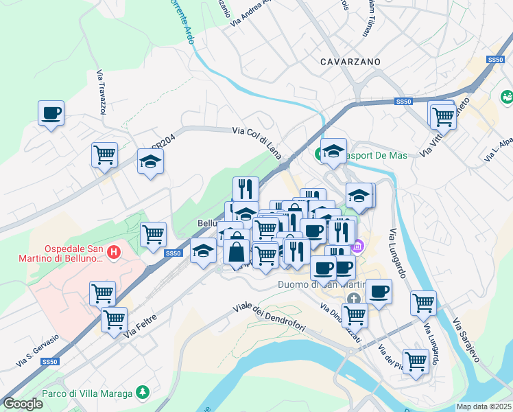 map of restaurants, bars, coffee shops, grocery stores, and more near 2 Via Giovanni De Min in Belluno