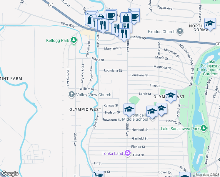 map of restaurants, bars, coffee shops, grocery stores, and more near 1553 Orchid Court in Longview