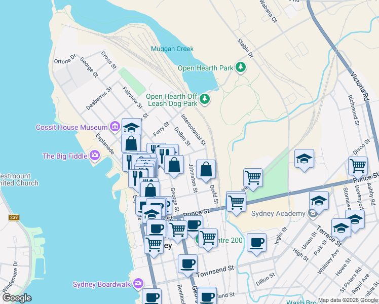 map of restaurants, bars, coffee shops, grocery stores, and more near 177 Dorchester Street in Sydney
