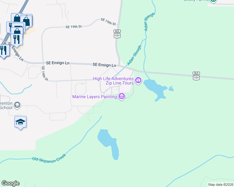 map of restaurants, bars, coffee shops, grocery stores, and more near 2037 Southeast Huckleberry Avenue in Warrenton