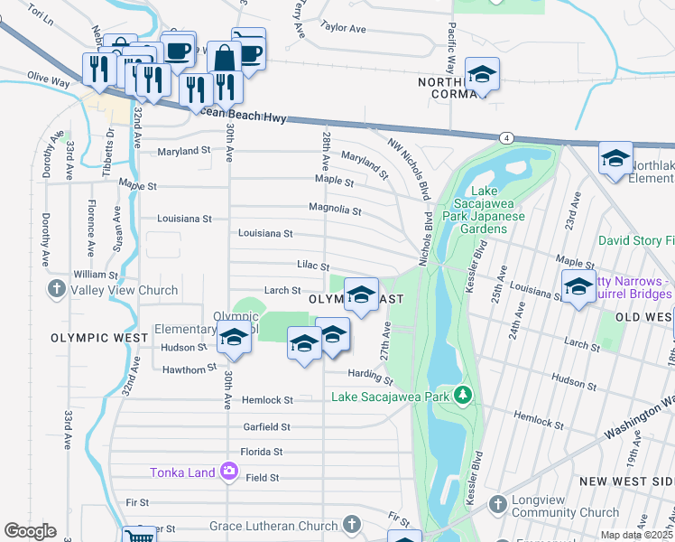map of restaurants, bars, coffee shops, grocery stores, and more near 2903 Nichols Boulevard in Longview