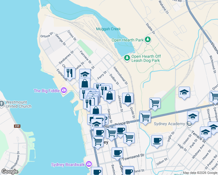 map of restaurants, bars, coffee shops, grocery stores, and more near 217 George Street in Sydney