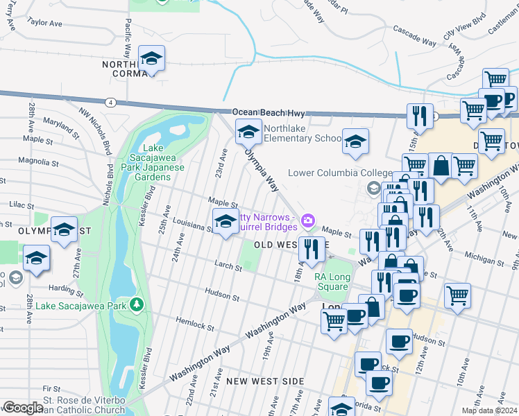 map of restaurants, bars, coffee shops, grocery stores, and more near 2015 Olympia Way in Longview