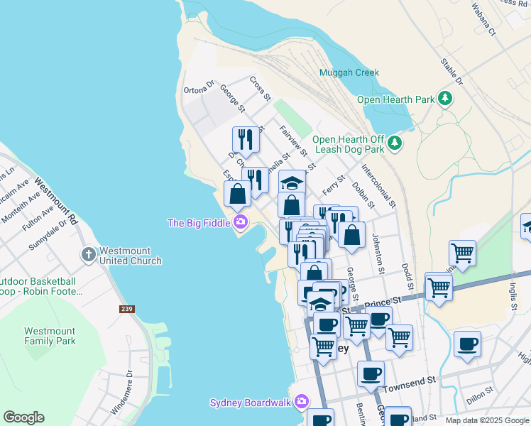 map of restaurants, bars, coffee shops, grocery stores, and more near 105 Esplanade in Sydney