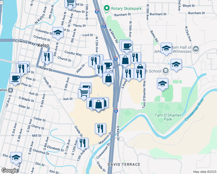 map of restaurants, bars, coffee shops, grocery stores, and more near 205 Three Rivers Drive in Kelso