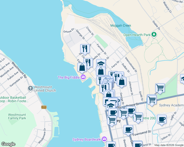 map of restaurants, bars, coffee shops, grocery stores, and more near 105 Esplanade in Sydney