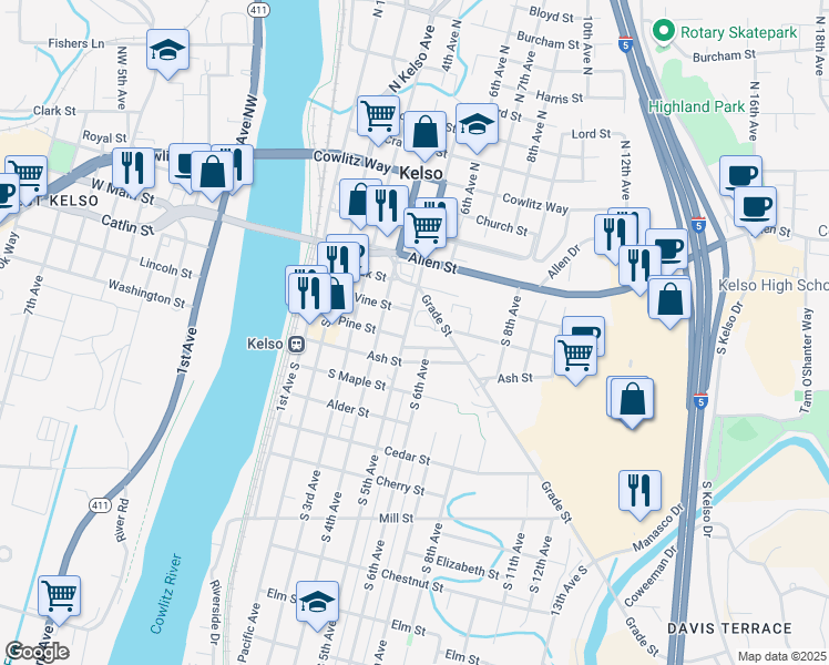 map of restaurants, bars, coffee shops, grocery stores, and more near 520 Grade Street in Kelso