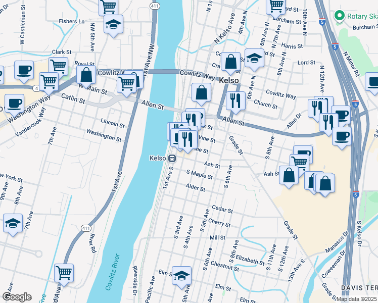 map of restaurants, bars, coffee shops, grocery stores, and more near 209 Pine Street in Kelso