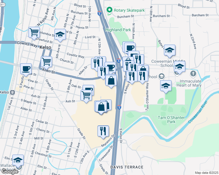 map of restaurants, bars, coffee shops, grocery stores, and more near 205 Three Rivers Drive in Kelso