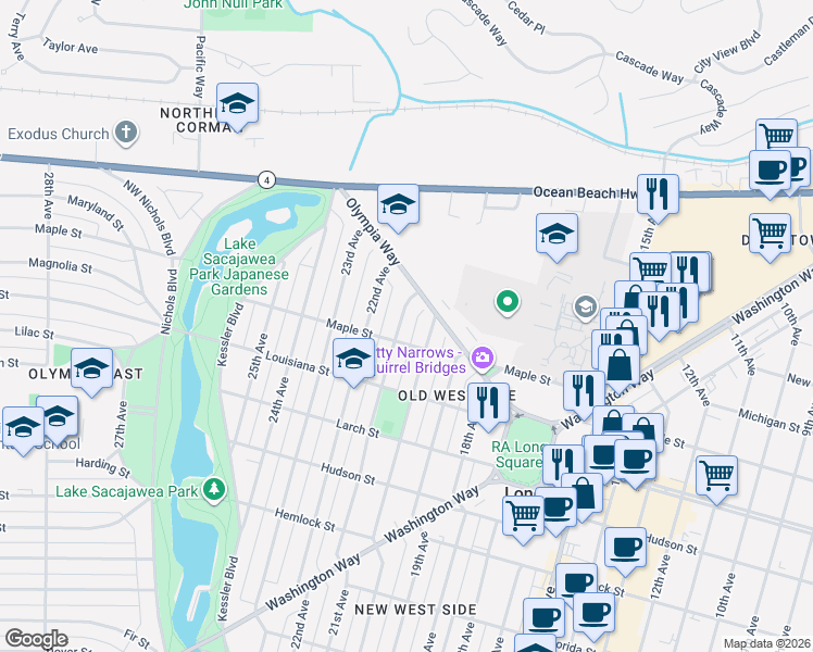 map of restaurants, bars, coffee shops, grocery stores, and more near 1614 21st Avenue in Longview