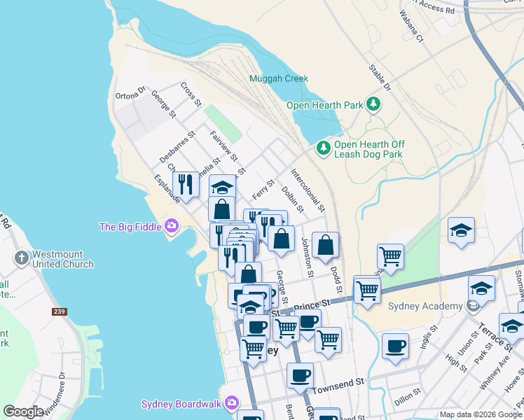 map of restaurants, bars, coffee shops, grocery stores, and more near 217 George Street in Sydney