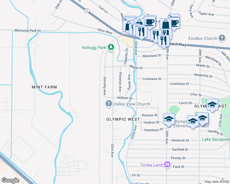 map of restaurants, bars, coffee shops, grocery stores, and more near 1619 33rd Avenue in Longview