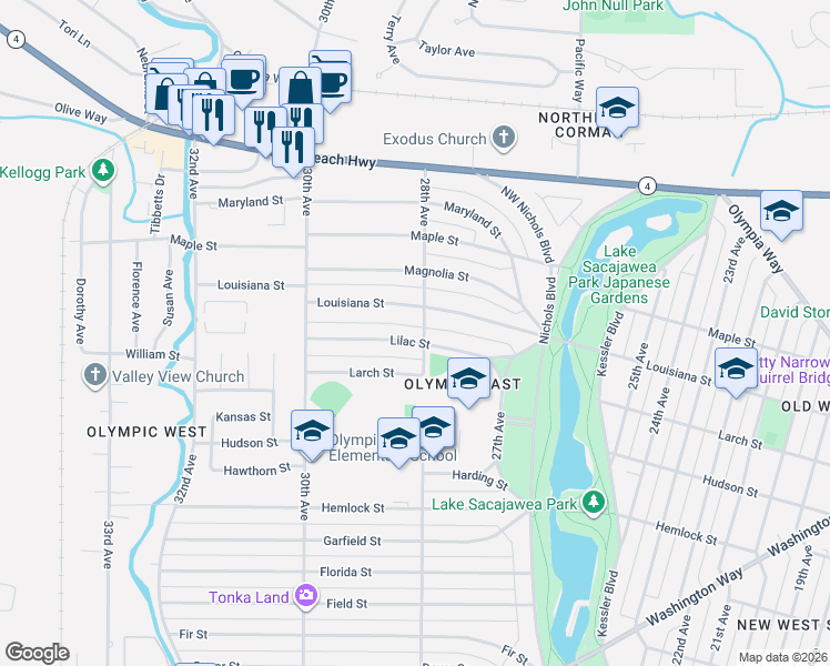 map of restaurants, bars, coffee shops, grocery stores, and more near 2803 Louisiana Street in Longview