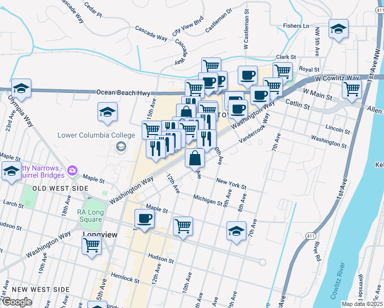 map of restaurants, bars, coffee shops, grocery stores, and more near 1998 11th Avenue in Longview