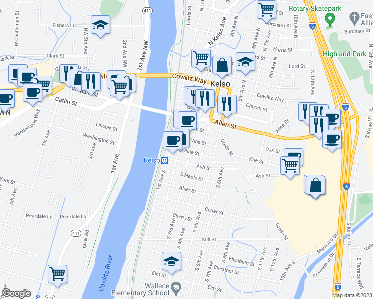 map of restaurants, bars, coffee shops, grocery stores, and more near 213 Pine Street in Kelso