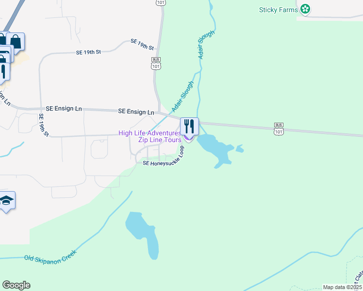 map of restaurants, bars, coffee shops, grocery stores, and more near 1641 Southeast Honeysuckle Loop in Warrenton