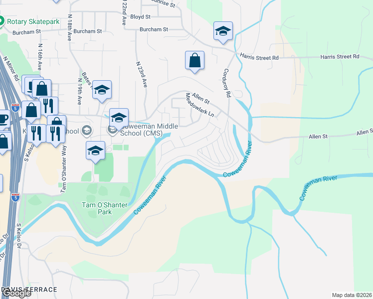 map of restaurants, bars, coffee shops, grocery stores, and more near 2400 Kingfisher Lane in Kelso