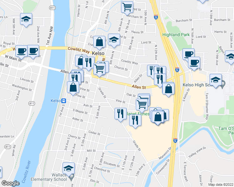 map of restaurants, bars, coffee shops, grocery stores, and more near 711 Vine Street in Kelso