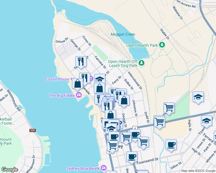 map of restaurants, bars, coffee shops, grocery stores, and more near 182 George Street in Sydney