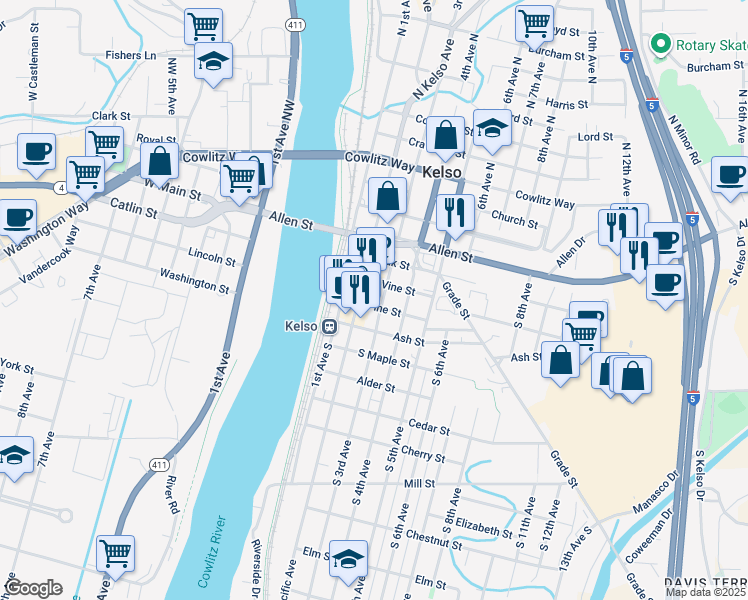 map of restaurants, bars, coffee shops, grocery stores, and more near 209 Pine Street in Kelso