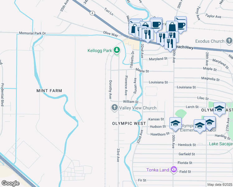 map of restaurants, bars, coffee shops, grocery stores, and more near 1619 33rd Avenue in Longview