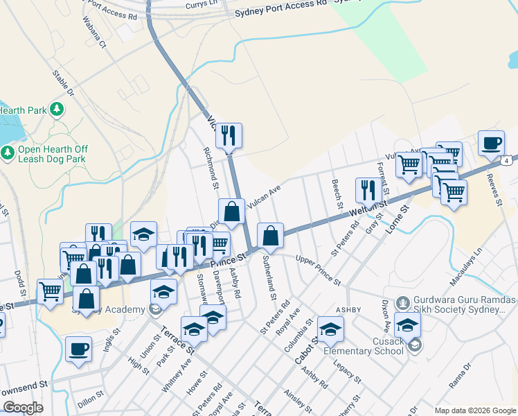 map of restaurants, bars, coffee shops, grocery stores, and more near 54 Margaret Street in Sydney