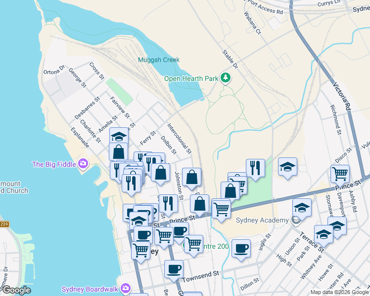 map of restaurants, bars, coffee shops, grocery stores, and more near 104 Intercolonial Street in Sydney