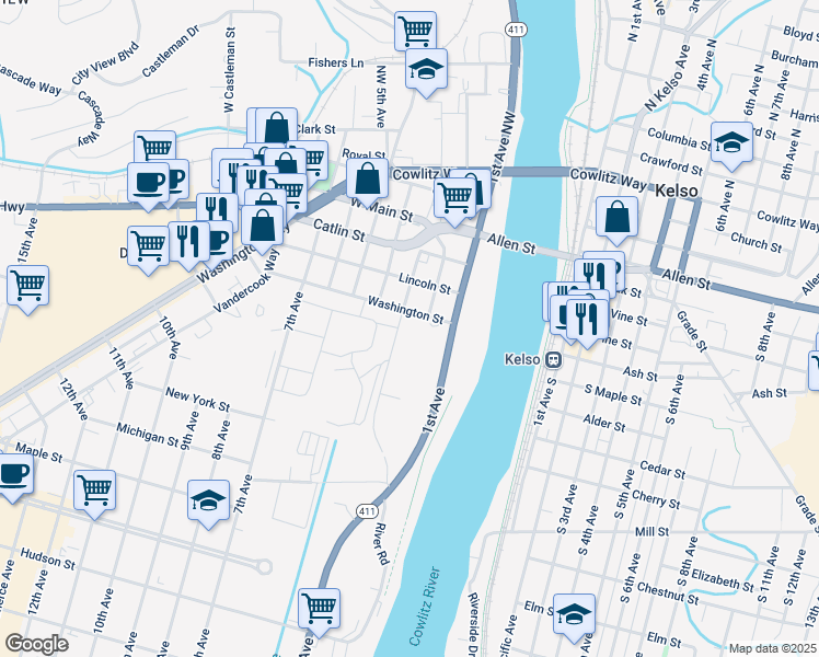 map of restaurants, bars, coffee shops, grocery stores, and more near 1946 3rd Avenue in Longview