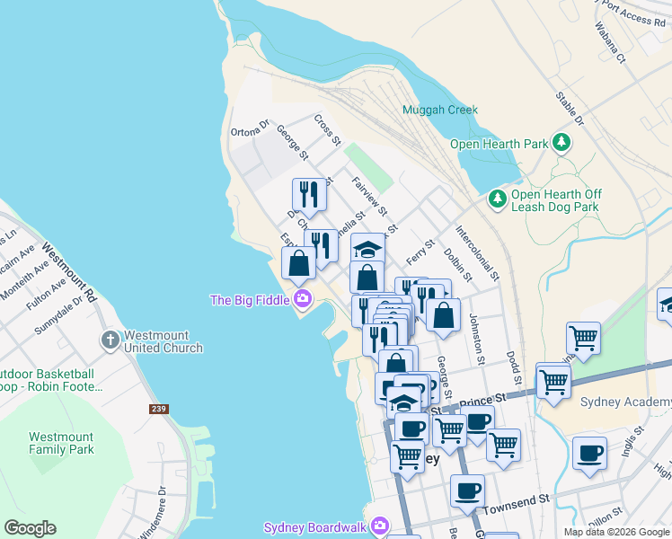 map of restaurants, bars, coffee shops, grocery stores, and more near 84 Charlotte Street in Sydney