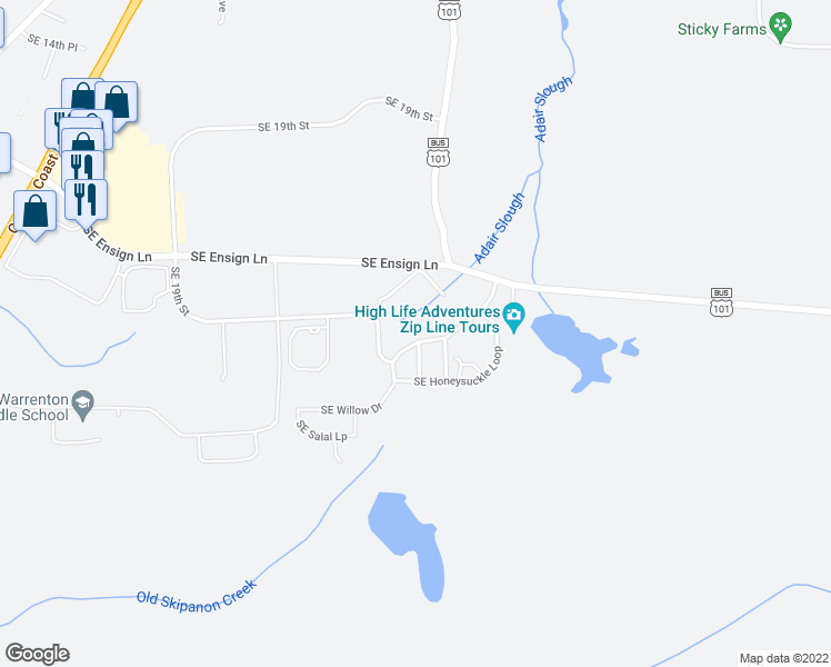 map of restaurants, bars, coffee shops, grocery stores, and more near 1481 Southeast Willow Drive in Warrenton