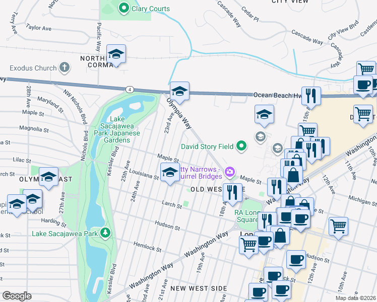 map of restaurants, bars, coffee shops, grocery stores, and more near 1618 22nd Avenue in Longview