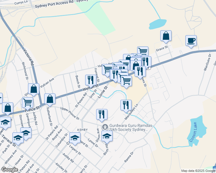 map of restaurants, bars, coffee shops, grocery stores, and more near 222 Lorne Street in Sydney