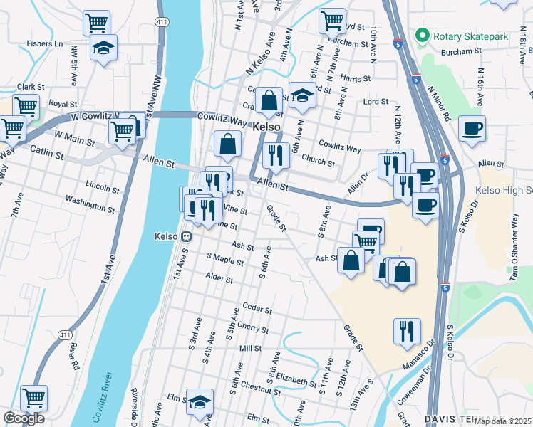 map of restaurants, bars, coffee shops, grocery stores, and more near 520 Grade Street in Kelso