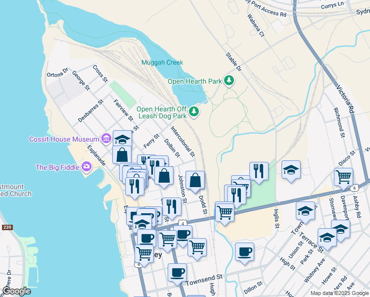 map of restaurants, bars, coffee shops, grocery stores, and more near 84 Intercolonial Street in Sydney