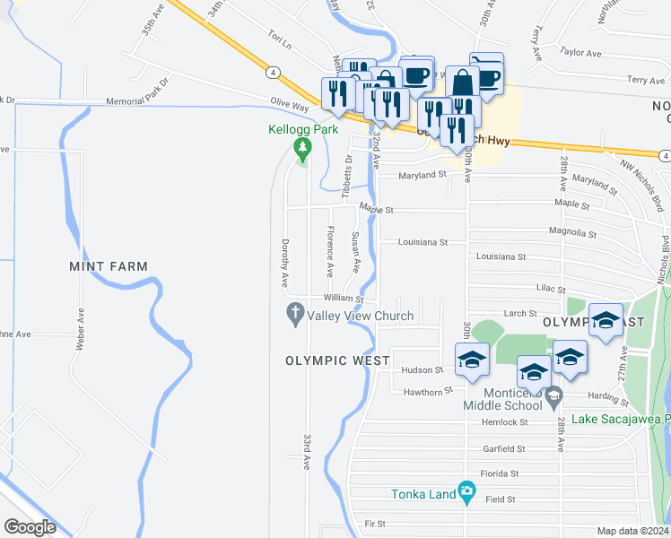 map of restaurants, bars, coffee shops, grocery stores, and more near 1624 Florence Avenue in Longview