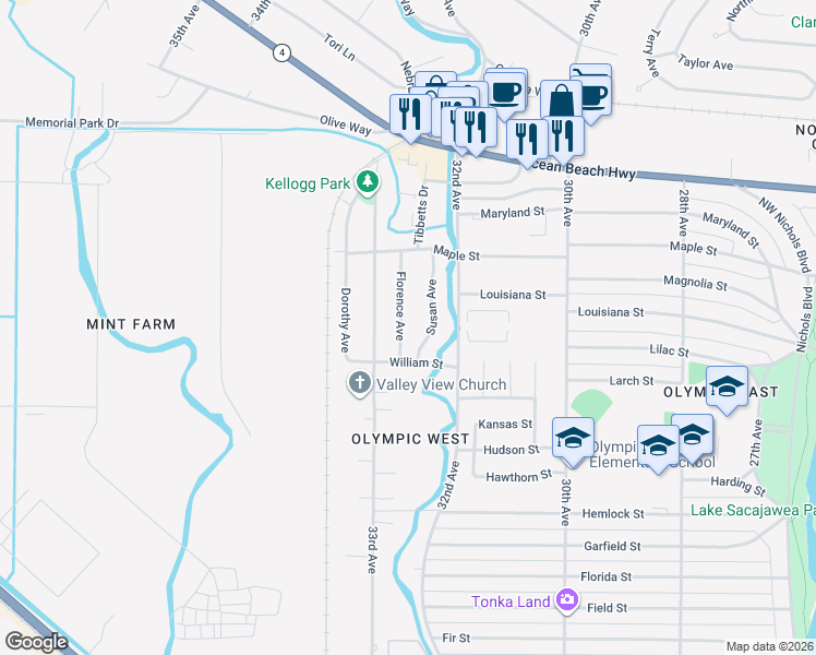 map of restaurants, bars, coffee shops, grocery stores, and more near 1624 Florence Avenue in Longview