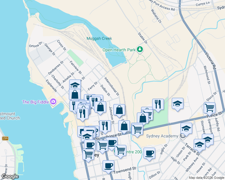 map of restaurants, bars, coffee shops, grocery stores, and more near 84 Intercolonial Street in Sydney