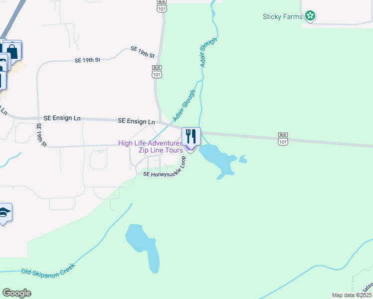 map of restaurants, bars, coffee shops, grocery stores, and more near 1641 Southeast Honeysuckle Loop in Warrenton