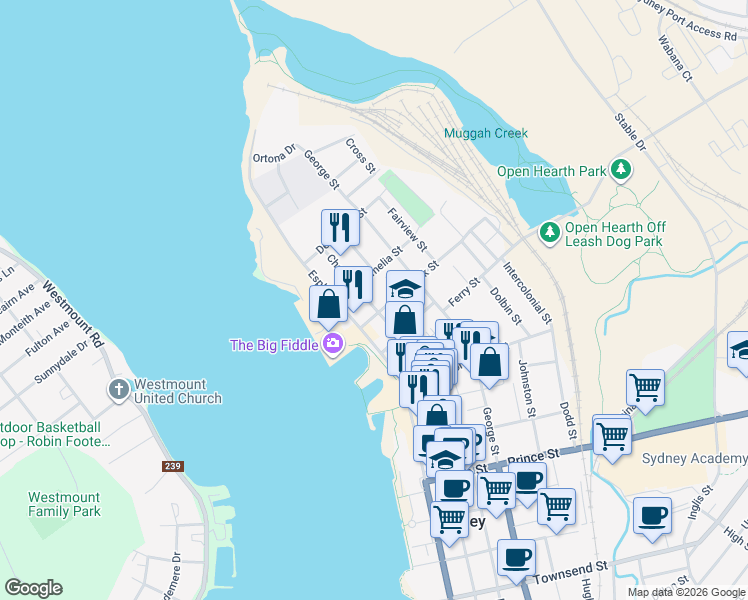 map of restaurants, bars, coffee shops, grocery stores, and more near 84 Charlotte Street in Sydney