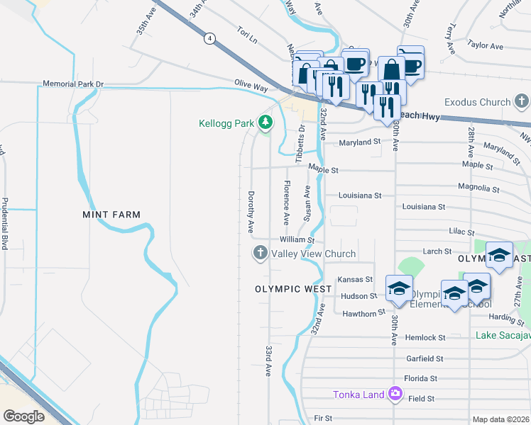 map of restaurants, bars, coffee shops, grocery stores, and more near 1703 33rd Avenue in Longview