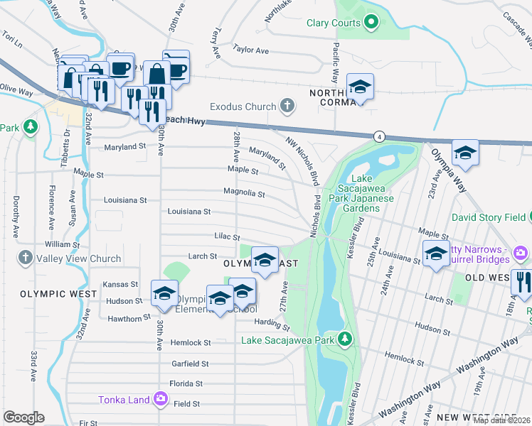 map of restaurants, bars, coffee shops, grocery stores, and more near 2714 Louisiana Street in Longview