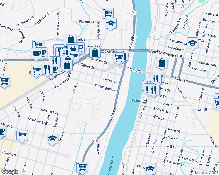 map of restaurants, bars, coffee shops, grocery stores, and more near 1946 3rd Avenue in Longview