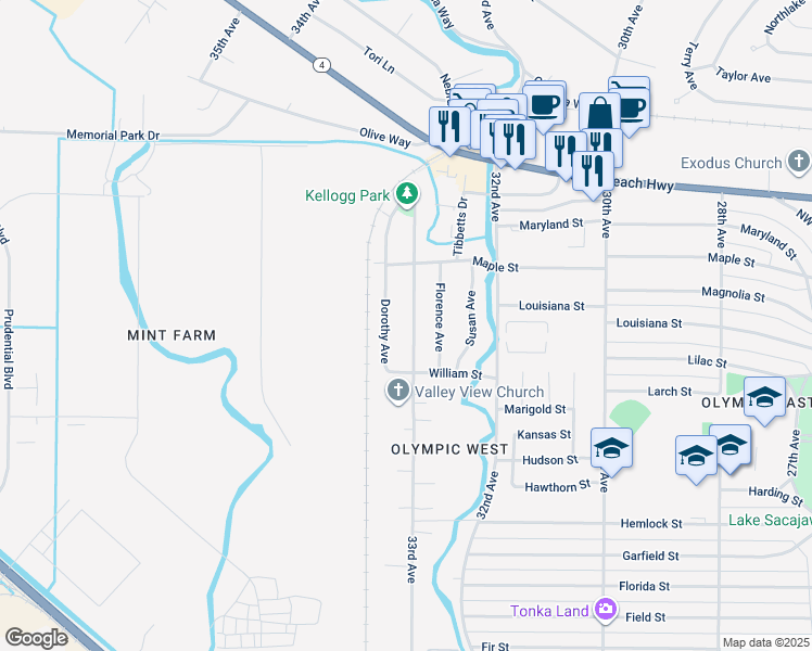 map of restaurants, bars, coffee shops, grocery stores, and more near 1709 33rd Avenue in Longview