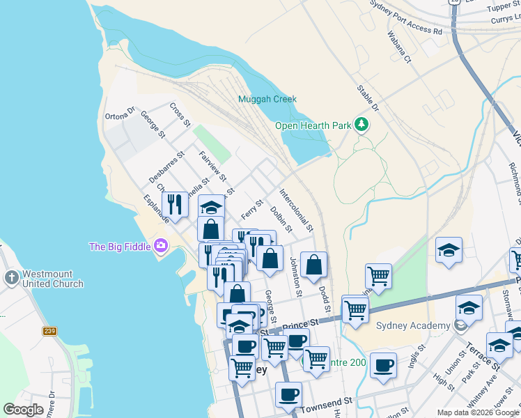map of restaurants, bars, coffee shops, grocery stores, and more near 32 Ferry Street in Sydney