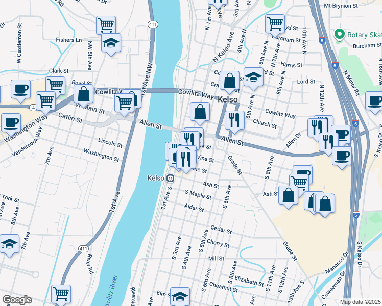 map of restaurants, bars, coffee shops, grocery stores, and more near 209 Pine Street in Kelso