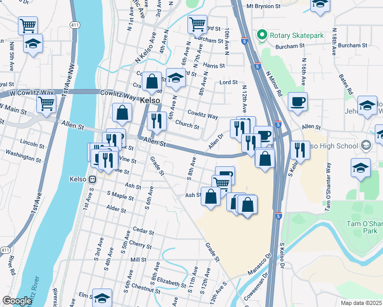 map of restaurants, bars, coffee shops, grocery stores, and more near 708 Allen Street in Kelso