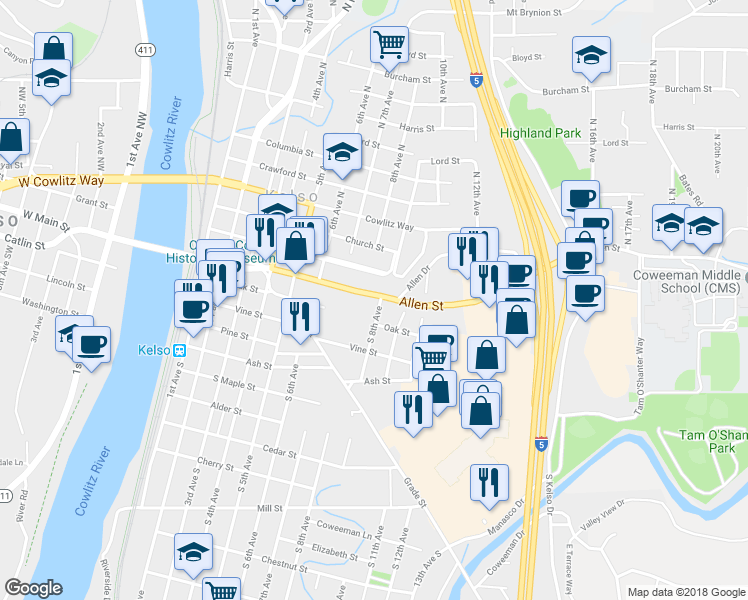 map of restaurants, bars, coffee shops, grocery stores, and more near 711 Vine Street in Kelso